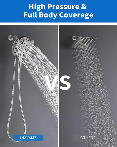 No Fuss Dual Purpose Rainfall Shower Head And Handheld Combo Providing Hella Crisp Water Flow Durable Nickel Finish Nine Custom Spray Modes Flexible Premium Stainless Steel Hose Quick Easy Setup For Any Modern Bathroom Space