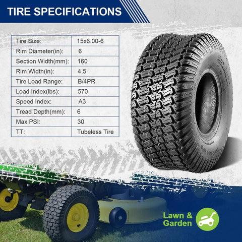 Front Turf Tires 15x6.00-6 For Lawn Mower And Riding Tractor Tubeless 4 Ply With 570 Lb Capacity Set Of 2 Non Highway Tread