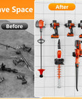 Garage Wall Mounted Storage Rack For Tools And Lawn Equipment Heavy Duty Tool Hanger installed holding various tools.