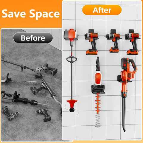 Garage Wall Mounted Storage Rack For Tools And Lawn Equipment Heavy Duty Tool Hanger installed holding various tools.