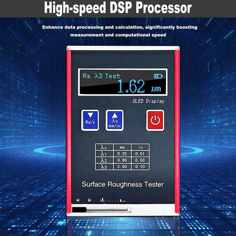 Front view of Portable Surface Roughness Tester Meter For Accurate Ra Rz Rq Rt Measurement Pro Grade Profilometer Gauge with display screen.