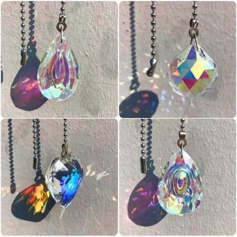 Rainbow Crystal Ceiling Fan Pull Chain Set, 4 Piece 20 Inch Length Alloy Bead Chains With Ball Connectors, Sparkling Longan Water Drop Heart And Round Crystal Drops For Lit Home Decor And Easy Light Switch Access