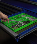 Durable 10 Compartment Tool Box Organizer Tray For Parts Bolts And Small Tools Stackable Drawer Design in a blue toolbox drawer