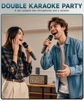 Man and woman using Durable Metal Wireless Microphone For Karaoke And Singing, Dynamic Microphone With Rechargeable Receiver indoors.