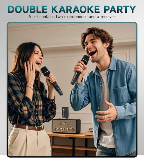 Man and woman using Durable Metal Wireless Microphone For Karaoke And Singing, Dynamic Microphone With Rechargeable Receiver indoors.