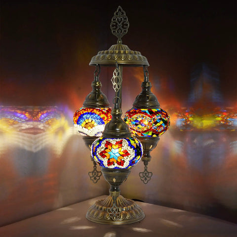 Boho Mosaic Glass Triple Globe Turkish Table Lamp With Handmade Moroccan Lampshade In Purple 21 Inch Tall US Plug And E12 Socket