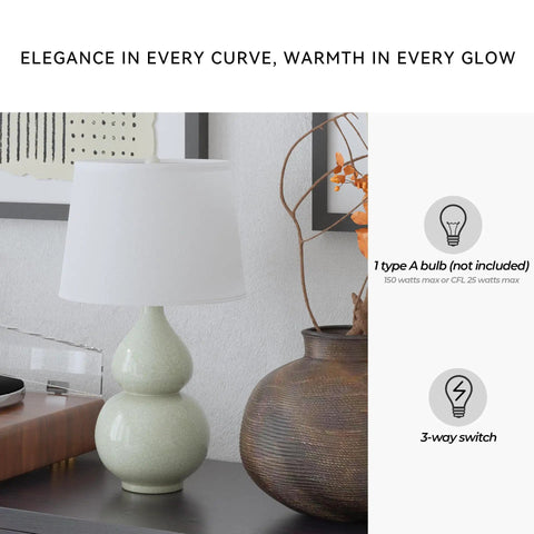 Cream Ceramic Table Lamp With Fabric Shade, Double Gourd Base, 3-Way Switch, UL Listed, Transitional Accent, Living Room, 29.75 Inch