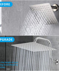 Before and after of All Metal Rain Shower Head With Goose Neck Arm Large 12 Inch Square Rainfall Showerhead High Flow in chrome
