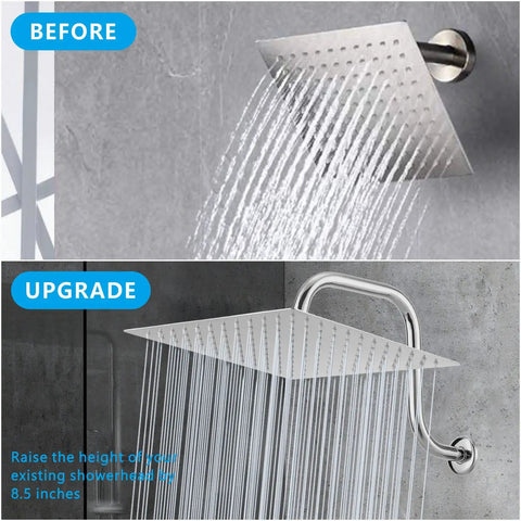 Before and after of All Metal Rain Shower Head With Goose Neck Arm Large 12 Inch Square Rainfall Showerhead High Flow in chrome