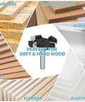CNC Spoilboard Surfacing Router Bit With One Quarter Inch Shank And One And A Half Inch Diameter For Clean Burr Free Cuts In Woodworking Projects Three Tenths Inch Cutting Depth YG6X High Grade Steel Construction, shown with various wood and plastic materials