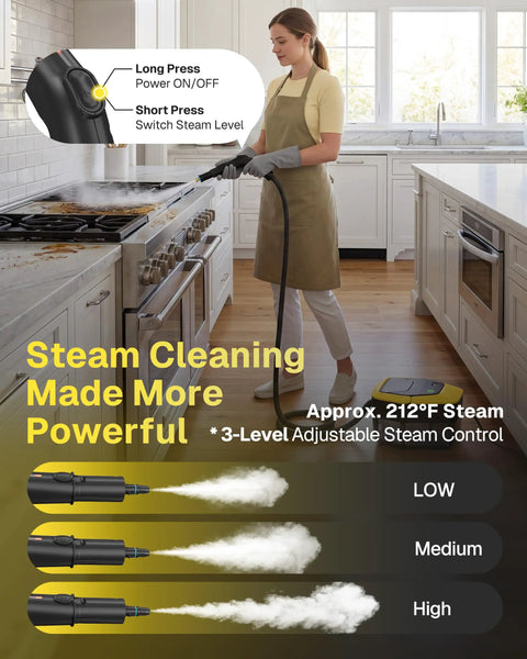 Behome Portable Steam Cleaner With 15 Second Quick Heat Up, 3-Level Adjustable Handle, And 1.9 Qt Large Tank demonstrated for steam control and ease of use.
