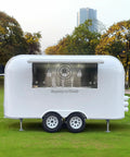 Custom Stainless Steel Food Truck Trailer With Turnkey Kitchen Setup For Mobile Coffee Or Hot Dog Business Built Heavy Duty To Level Up Your Street Vendor Hustle Today, white exterior with serving window.