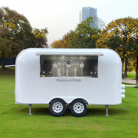 Custom Stainless Steel Food Truck Trailer With Turnkey Kitchen Setup For Mobile Coffee Or Hot Dog Business Built Heavy Duty To Level Up Your Street Vendor Hustle Today, white exterior with serving window.