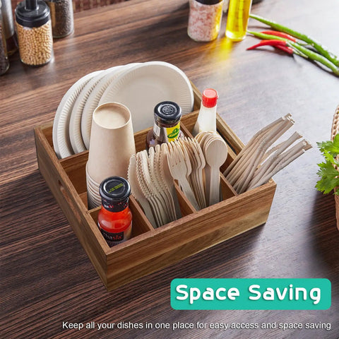 Acacia Wood Utensil Holder And Plate Organizer For Parties Six Compartment Silverware Caddy For Plates Cups Forks Spoons Napkins