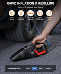 4 In 1 Portable Car Vacuum And Tire Inflator With Led Light And Digital Dual Displays 150 PSI Air Compressor displayed in use