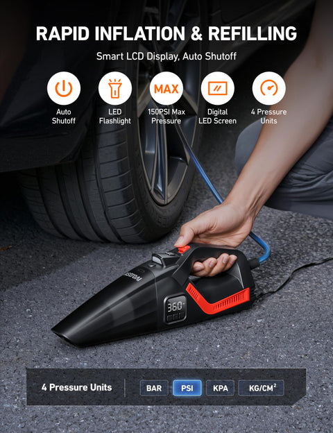 4 In 1 Portable Car Vacuum And Tire Inflator With Led Light And Digital Dual Displays 150 PSI Air Compressor displayed in use