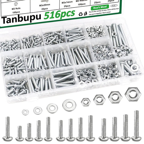 516 Pcs Socket Head Screws Kit With 21 Sizes M3 M4 M5 M6 Nuts Bolts Washers in organized transparent storage box