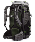 Back view of BackLight Elite 45L Camera Daypack For DSLR And Mirrorless Gear, Rugged Grey with padded straps and support