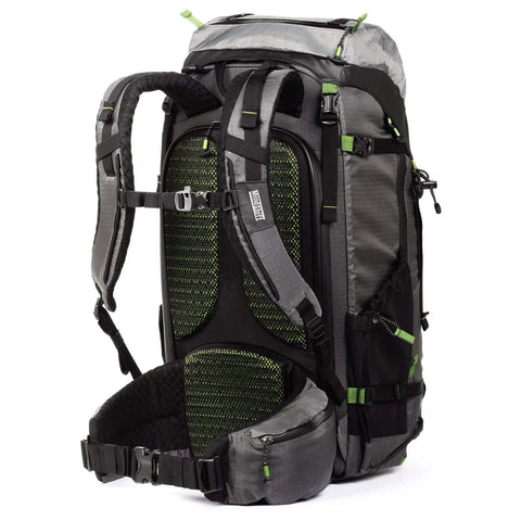 Back view of BackLight Elite 45L Camera Daypack For DSLR And Mirrorless Gear, Rugged Grey with padded straps and support