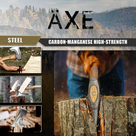 Beast Camping Hatchet Hand Forged 14.7 Inch Splitting Axe With Leather Sheath in use for wood splitting in outdoor setting