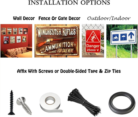 Installation options for Built Tough Multi Source Powered Equipment Safety Sign 8x12 Aluminum Metal Plate Bilingual, wall or fence use.
