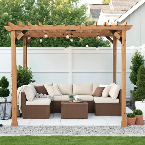 Wooden pergola with seating area using Eight Piece 45 Degree Pergola Bracket Set For 2x4 Lumber Heavy Duty Angle Supports