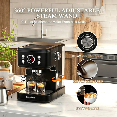 Next Level 20 Bar Espresso Machine With Silky Milk Frother And Heavy Duty Steam Wand 1100 Watt Compact Coffee Brewer displayed on a kitchen countertop.
