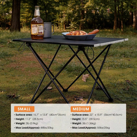 Ultralight Folding Camping Table With Carry Bag Portable For Outdoor Cooking And Picnics Camp Boat And Travel Black Small Size Ready For Any Adventure, set up with food and drink outdoors.