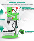 Workhorse Benchtop Drill Press With 710W 110V Power, adjustable head, green aluminum base, safety limit clamp visible