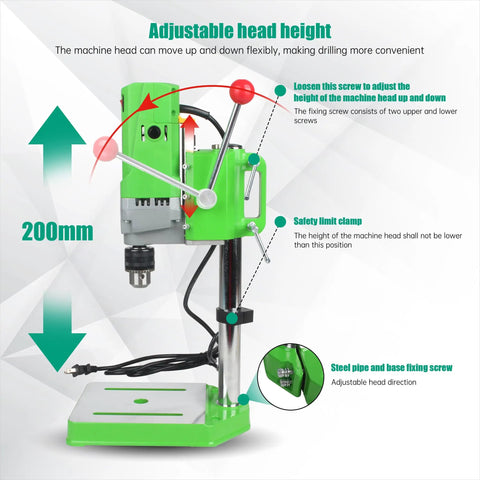 Workhorse Benchtop Drill Press With 710W 110V Power, adjustable head, green aluminum base, safety limit clamp visible