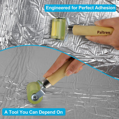 Person using Seam Roller With Dual Ball Bearings For Professional Application In Automotive Sound Deadening Wallpaper Vinyl And Home Workshop Projects Smooth Glide Consistent Pressure Reduced Fatigue Solid PU Wheel on metallic surface
