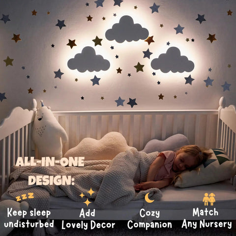 Cloud Night Light For Nursery With Dimmable And Rechargeable Design, Kid Friendly Wall Lamp For Bedtime Routines, Cozy Glow For Peaceful Sleep In Crib And Baby Room, Includes 68 Pcs Star Wall Decals, illuminating a nursery room with clouds and stars above a sleeping child.