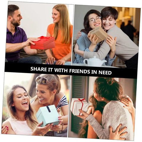 Collage of people sharing gift boxes, smiling and hugging.