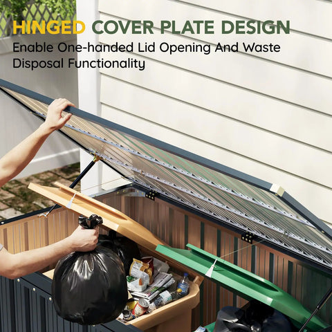 Outdoor Trash Can Storage Shed 6x3 Ft Metal Garbage Bin Enclosure With Lift Up Lid in backyard, person lifting lid
