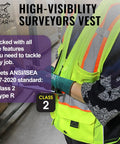 Top Shelf High Visibility Mesh Safety Vest With Six Roomy Utility Pockets For Tools And Tablets Bright Yellow Reflective Hi Vis PPE Gear, modeled in a warehouse.