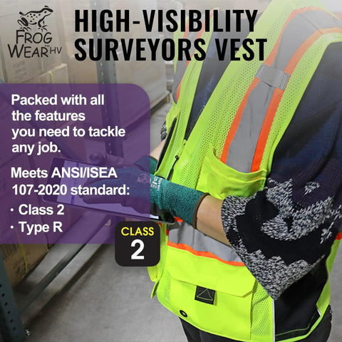 Top Shelf High Visibility Mesh Safety Vest With Six Roomy Utility Pockets For Tools And Tablets Bright Yellow Reflective Hi Vis PPE Gear, modeled in a warehouse.