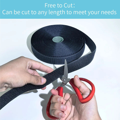 Heavy Duty Sew On Hook And Loop Tape With Rock Solid Grip For Clothes Gear And Crafting showing cutting black nylon tape with scissors.