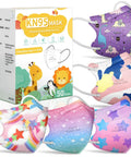 Kids KN95 Face Mask Disposable 50 Pack Small Size For Children Breathable Unicorn Design For Girls 95 Percent Filtration GB2626 2019 Certified Mask Great For School Travel And Everyday Use; masks with colorful prints and packaging box visible.