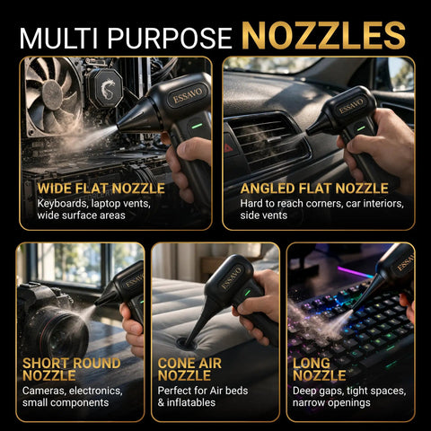 Cordless Air Duster With 130,000 RPM Brushless Motor, multi-purpose nozzles for cleaning electronics and surfaces.