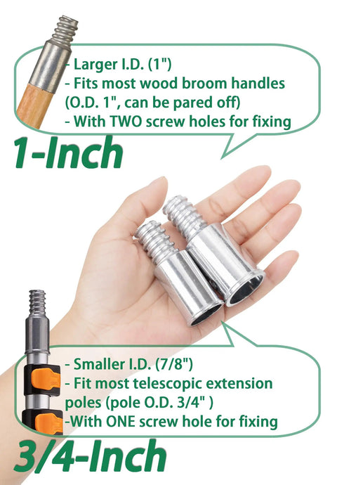 Metal Threaded Tip Replacement For Wood Push Broom Handle Fits Most One Inch Handles Aluminum Alloy Silver Color DIY Quick Fix Kit With Two Screws One Bolt And Rivets Save Cash On Broom Repairs shown in hand