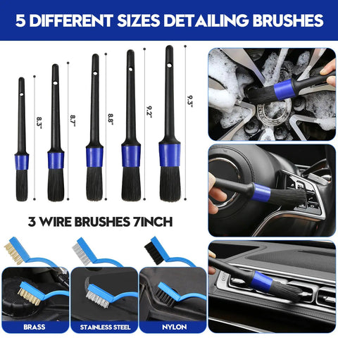 45 Piece Car Detailing Kit Beast With Pro Brush Set for interior and wheels shown with five brush sizes and cleaning uses.