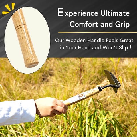 All Around Japanese Weeding Sickle Hand Hoe For Gardening With Razor Sharp Blade And Ergonomic Grip shown with wooden handle in grass.