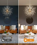 Gold Modern Dandelion Chandelier Pendant Light Fixtures Dope Nine Light Firework Crystal Semi Flush Mount Ceiling Light For Dining Room G9 Sockets Bulbs Not Included Sparkling Contemporary Gold Decor lit and unlit over a modern living room.