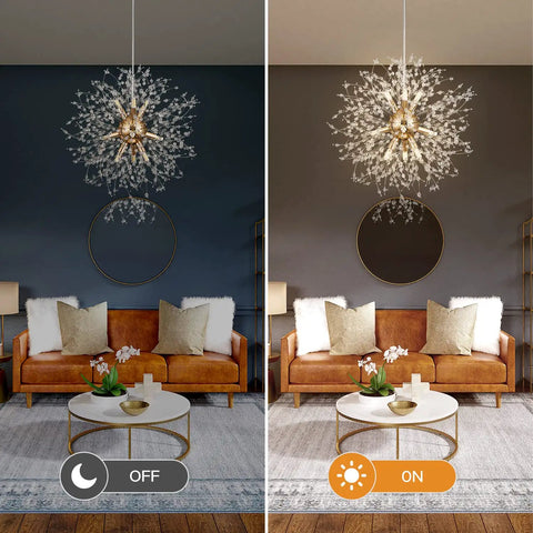 Gold Modern Dandelion Chandelier Pendant Light Fixtures Dope Nine Light Firework Crystal Semi Flush Mount Ceiling Light For Dining Room G9 Sockets Bulbs Not Included Sparkling Contemporary Gold Decor lit and unlit over a modern living room.