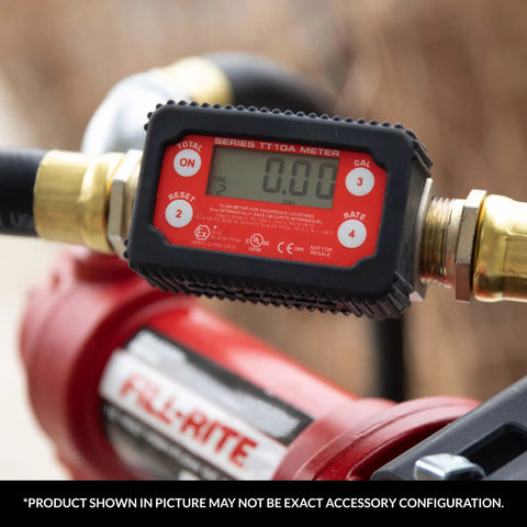 Inline 1 Inch Digital Turbine Meter for Chemical Transfers, Nickel Plated Housing, Easy Readout, 2 to 35 GPM installed