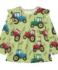 Ultra Soft Cotton Baby Girl Blouse With Ruffled Sleeves Featuring Farm Tractor Print On Green Background For Everyday, Holidays And School, Cozy Long Sleeve Top, Machine Washable, Easy Care 5T.