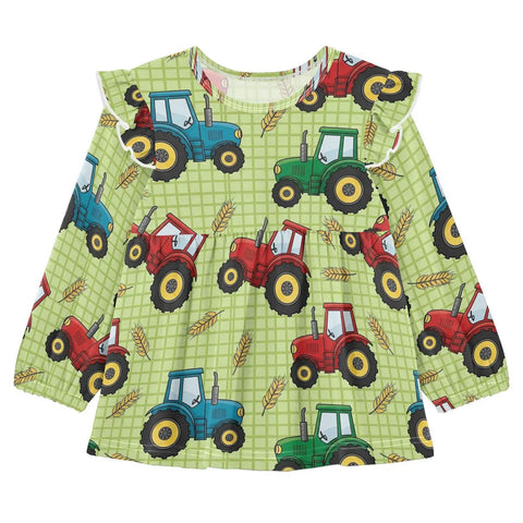 Ultra Soft Cotton Baby Girl Blouse With Ruffled Sleeves Featuring Farm Tractor Print On Green Background For Everyday, Holidays And School, Cozy Long Sleeve Top, Machine Washable, Easy Care 5T.