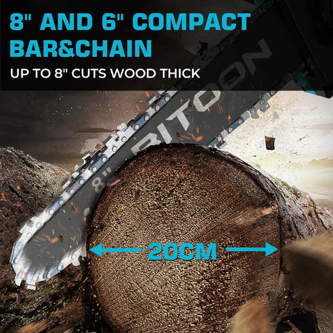8 Inch Cordless Pruning Chainsaw With Auto Oiler cutting wood with 8 inch chain, brushless 800W motor, tree trimming focus