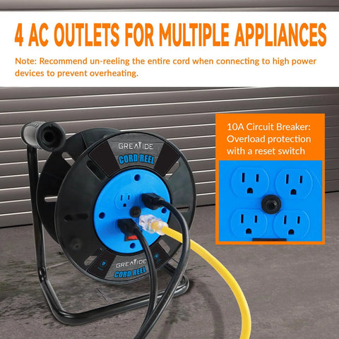 Heavy Duty Extension Cord Reel With Four Grounded Outlets And 10A Circuit Breaker in blue, metal stand on concrete surface