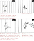 Instructions showing installation of Self-Locking Gate Latch With Post Mount For Wood Fences, Automatic Gravity Lever, Steel Black Finish